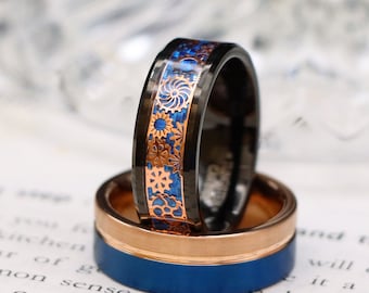 Steampunk Rose Gold Clock Gear Tungsten Wedding Band, Blue Carbon Fiber