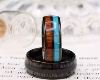 Black Tungsten Wood Inlay Wedding Band, Turquoise Mens Ring
