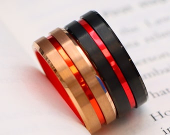 Orange Tungsten Wedding Band, Rose Gold Anniversary Ring, 8MM