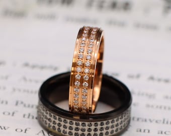 Black & Rose Gold Tungsten Ring, Black Sapphire Three-Row CZ Stone Band, Engraved Promise Ring