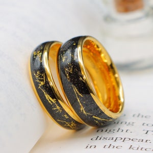 Gothic His and Hers Wedding Ring, Yellow Gold Plated Tungsten Wedding Band with Gold Meteorite Inlay, Engraved Anniversary Ring, Couple Ring
