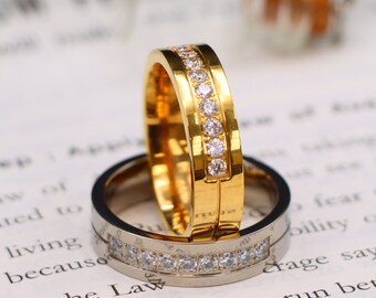 Yellow Gold & Silver Titanium Eternity Wedding Band, 6mm CZ Stone Ring