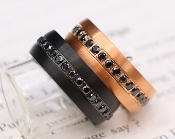 Black Tungsten Ring, Black CZ Stone Inlay, Rose Gold Band (8MM)