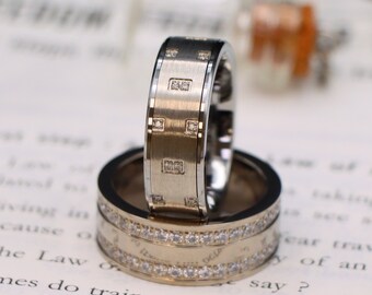 Eternity Silver Titanium Wedding Ring, Tungsten CZ Stone Promise Ring, Comfort Fit