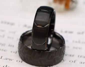 Black Tungsten Wedding Ring, Tire Tread Pattern, Biker Ring