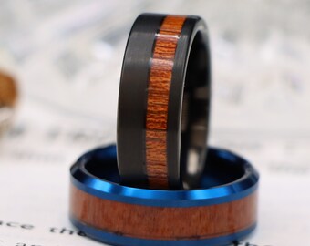 Blue Tungsten Wedding Ring, Black Band, Hawaiian Koa Wood Inlay
