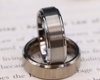 Men's Tungsten Wedding Band, Silver Titanium Ring, 8MM Comfort Fit