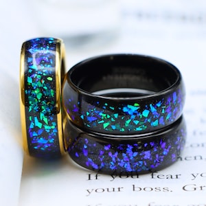Gold Tungsten Ring With Blue Opal Inlay, Men&#39;s Wedding Ring, Galaxy Inlay Engagement Ring, Men&#39;s Women&#39;s Opal Ring, Green And Blue Opal Band
