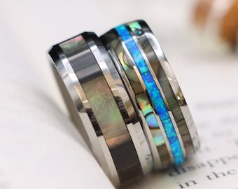 Tungsten Wedding Band Set, Mother of Pearl & Blue Opal Inlay, Engraved Rings