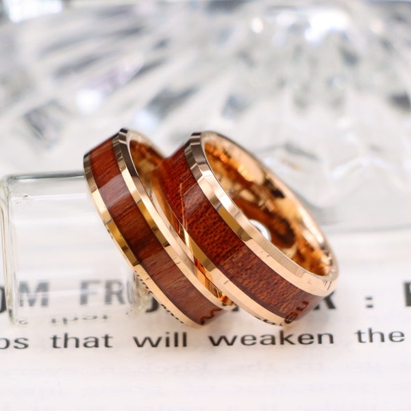6mm/8mm Koa Wood Wedding Band, Hawaiian Koa Wood Inlay Center Ring, Mens Rose Gold Wedding Ring, Mens Engagement Ring, Couple Wood Ring Band