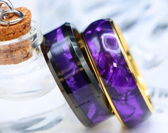 Gold Tungsten Band, Purple Cowrie Inlay, Black Tungsten Ring (8mm)