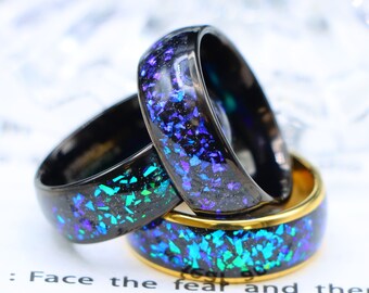 Gold Tungsten Wedding Band, Blue Opal Galaxy Inlay, 8mm Unisex Ring