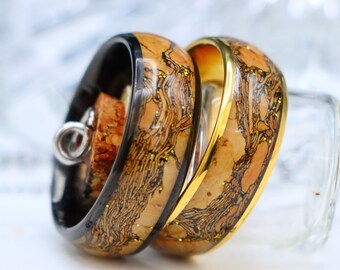 Cork Inlay Tungsten Wedding Band Set, Gold Glitter, Anniversary Rings