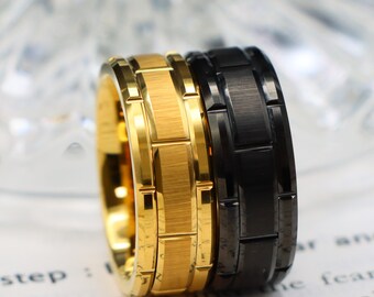 Black Tungsten Wedding Band, Gold Brick Pattern, Brushed Ring (8MM)