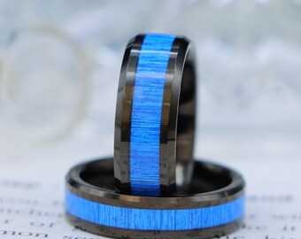Blue Bamboo Inlay Tungsten Wedding Band, Couple Promise Ring
