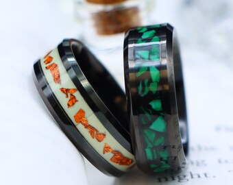 Malachite Inlay Tungsten Ring, Black Gold Wedding Band, 8mm