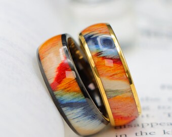 Dyed Rosewood Inlay Tungsten Carbide Ring, Yellow Gold Wedding Band