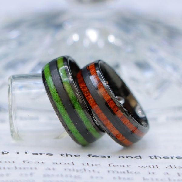 Koa Wood Inlay Wedding Band for Men, Two Inlay Exotic Green Wood Inlay Dome Wedding Ring, 8mm Black Tungsten Wood Ring, Mens Jade  Wood Ring