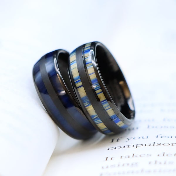 Bamboo Tree Inlay Black Dome Wedding Ring, 8mm Anniversary Bands, Engagement Wedding Ring, Blue Exotic Wood Inlay Ring , Couple Ring For Him