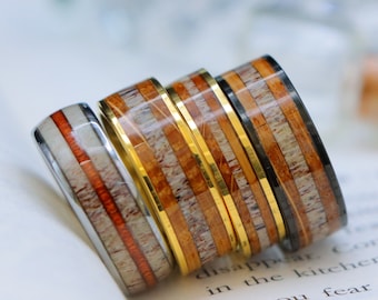 Men's Tungsten Wedding Ring, Deer Antler & Whiskey Barrel Wood Inlay, 6mm/8mm