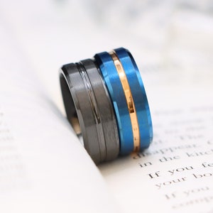 Men&#39;s Natural Zirconium Gunmetal 8MM Brushed Grooved Center Ring, Black Zirconium Wedding Bands, Blue Tungsten Engagement Band, Womens Rings