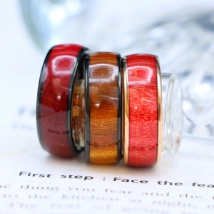 Burl Wood Wedding Ring, Wood Inlay Black Tungsten Wedding Band, Engraving Anniversary Promise Ring, Men Women Red Dyed Wood Inlay Rings,