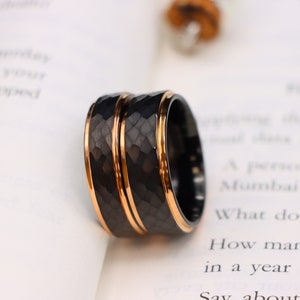 Rose Gold Step Edge Tungsten Wedding Bands, Hammered Anniversary Ring, Engagement Ring, Men Women Ring, Matching Couple Ring, Christmas Gift