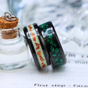 Green Malachite Inlay 8mm Tungsten Ring for Men, Black Gold Wedding Ring, Man's & Women's Wedding Band, Copper Scraps Inlay Engagement Rings