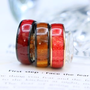 Burl Wood Wedding Ring, Wood Inlay Black Tungsten Wedding Band, Engraving Anniversary Promise Ring, Men Women Red Dyed Wood Inlay Rings