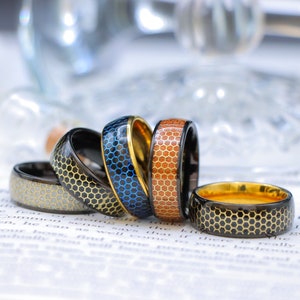 Honeycomb Cut-out Rosewood Inlay Tungsten Ring, Silver Meteorite Wedding Band, Hexagonal Honeycomb Inlay Mens Ring, Rosewood Engagement Ring