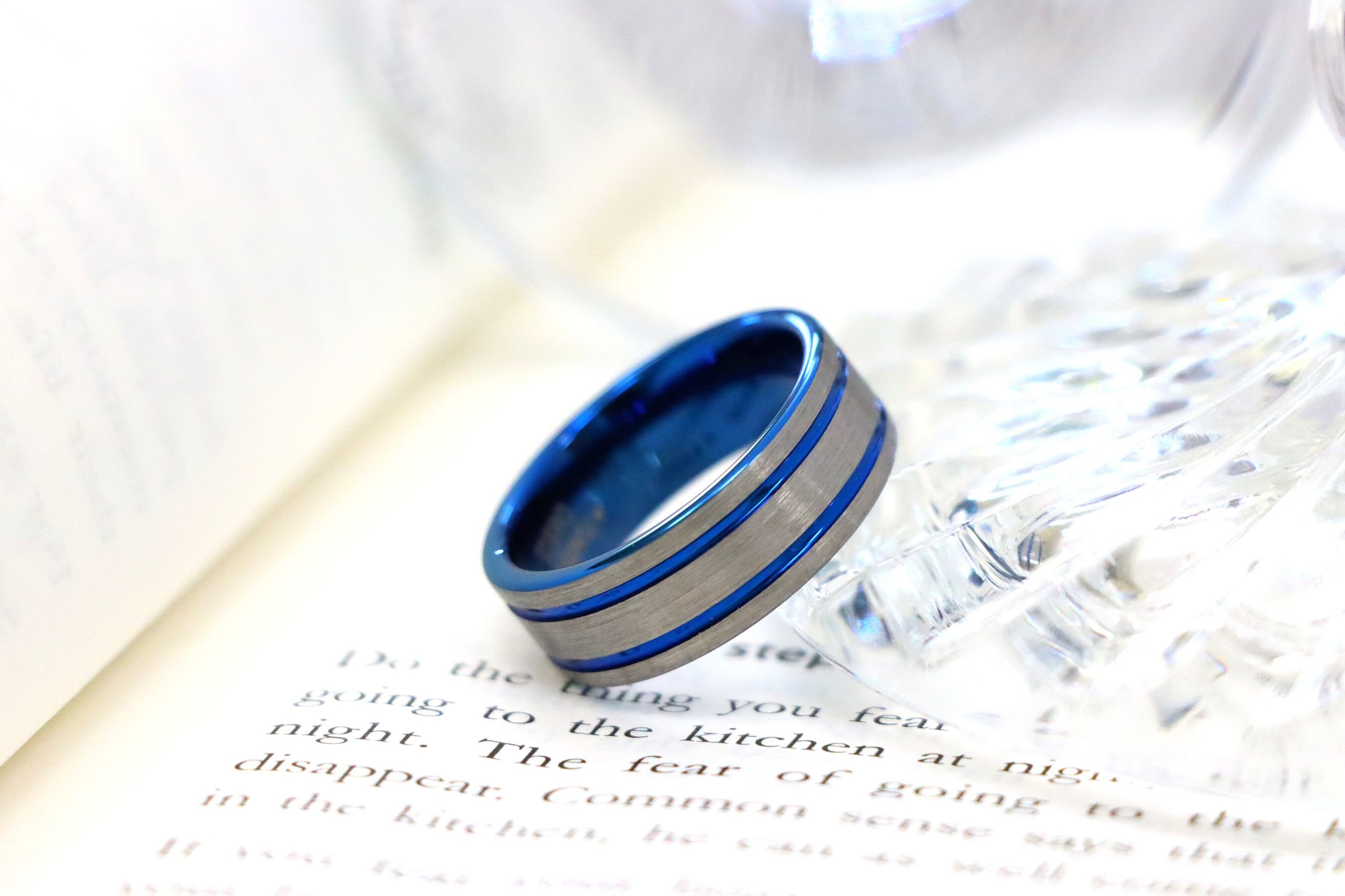 Blue Silver Double Grooves Pipe Cut Flat Ring, Men