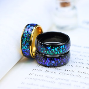 Gold Tungsten Ring With Blue Opal Inlay, Men&#39;s Wedding Ring, Galaxy Inlay Engagement Ring, Men&#39;s Women&#39;s Opal Ring, Green And Blue Opal Band