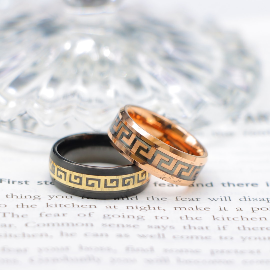 High Polish Beveled Edge Greek Key Inlay Tungsten Ring, Black Tungsten ...