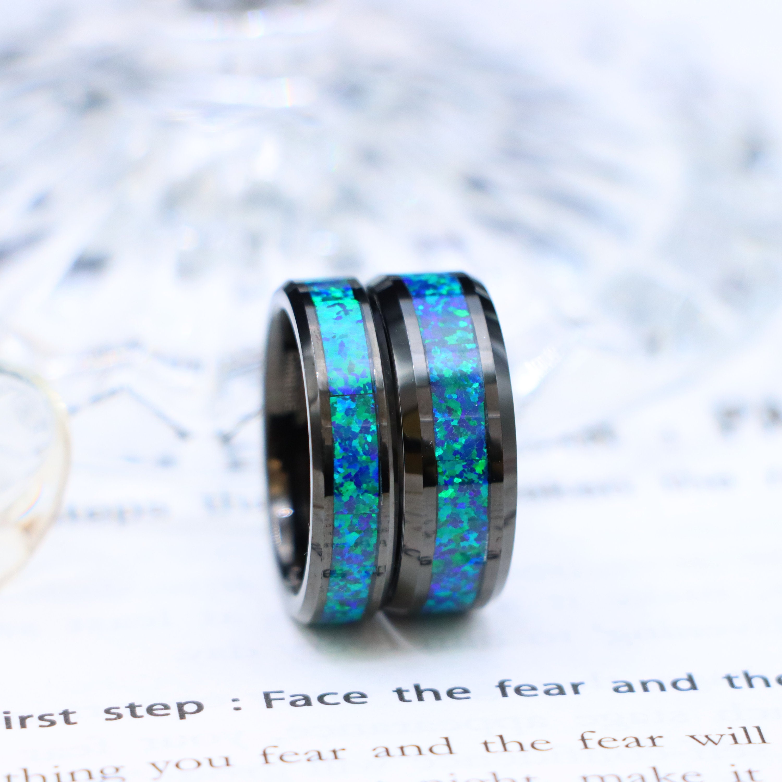 Men's Opal Wedding Band, Wedding Band for Men, Black Gold Ring With ...