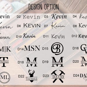 May include: A selection of design options for personalized items, featuring various fonts and monograms. The text includes names like "Kevin", "Thomas", and initials, displayed in a range of styles. The phrase "DESIGN OPTION" is at the top.