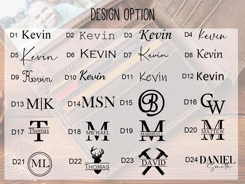 May include: A selection of design options for personalized items, featuring various fonts and monograms. The text includes names like "Kevin", "Thomas", and initials, displayed in a range of styles. The phrase "DESIGN OPTION" is at the top.