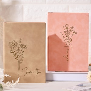 Diario personalizado grabado, cuaderno personalizado con la flor de nacimiento y el nombre, regalo para mujeres, mamás, damas de honor, aniversario, diario de gratitud.