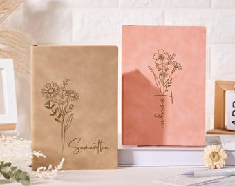Custom Engraved Journal , Personalized Birth Flower Notebook with Name , Gift for Women, Mom, Bridesmaids, Anniversary, Gratitude Journal