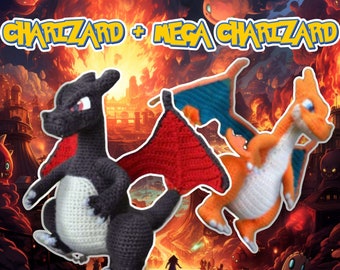 Crochet Pattern Bundle, Fire Dragon Duo, Charizard & Mega Charizard, Crochet Doll Pattern, Amigurumi, Digital PDF Pattern ONLY, ENGLISH