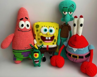 Pacchetto di modelli all'uncinetto SpongeBob: SpongeBob, Patrick, Plankton, Squiddi, Mr. Krabs, INGLESE, Download istantaneo