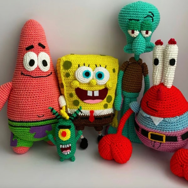 Lot de motifs au crochet Bob l'éponge : Bob l'éponge, Patrick, Plankton, Squidward, M. Krabs, ANGLAIS, téléchargement immédiat