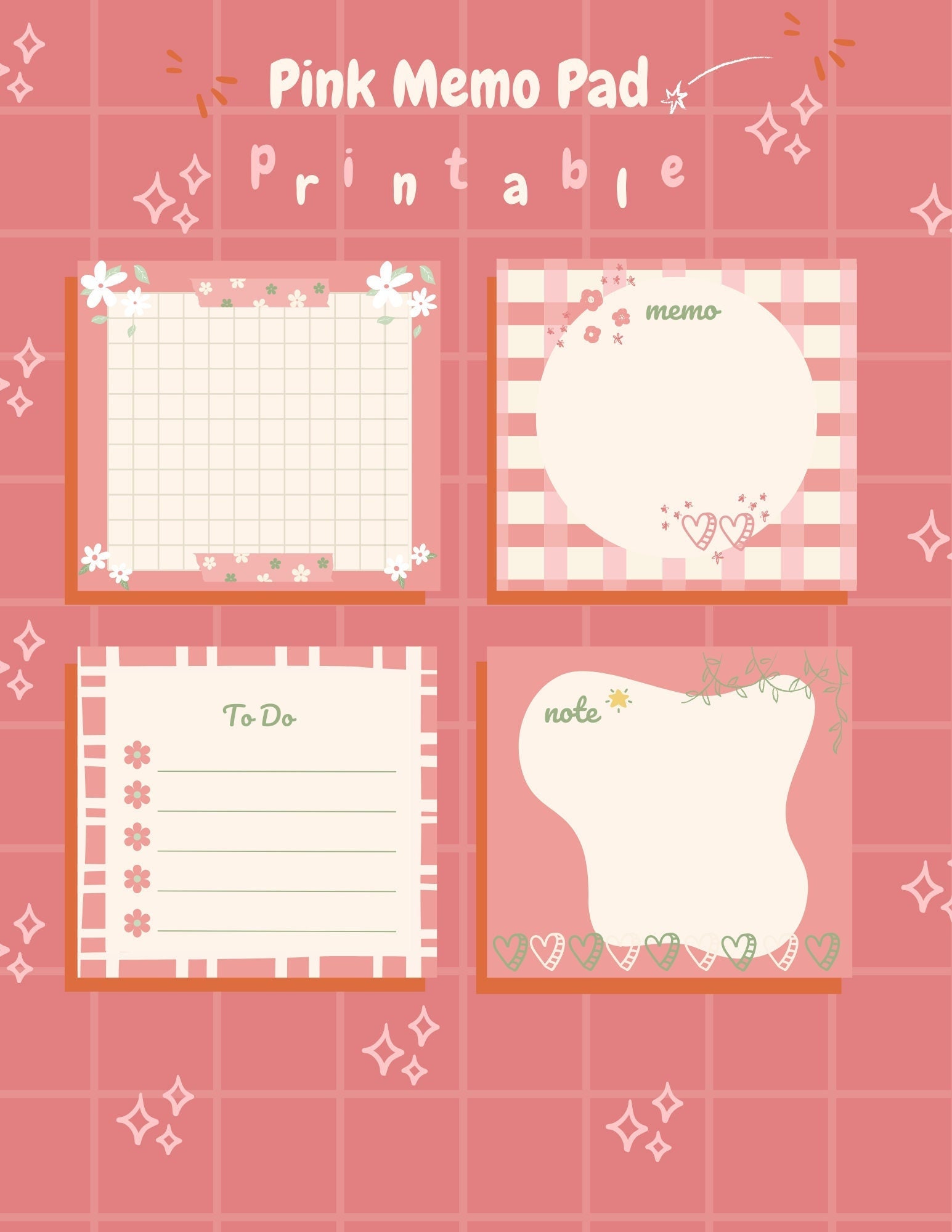 Pink Cute Printable Memo Pad, Kawaii Sticky Notes, Journal Stationery ...