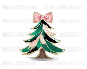 Pink Coquette Glitter Christmas Tree Png, Watercolor Christmas Tree Girly, Merry Christmas Coquette Bow Tree Png, Christmas Bow Holiday Png
