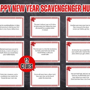 2025 New Years Eve scavenger hunt, New Year&#39;s Eve party games, New Year treasure hunt clues printable, nye games for kids adults pdf