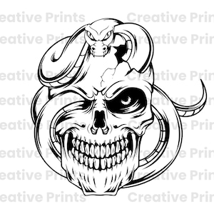 May include: Black and white illustration of a skull with a snake wrapped around it. The snake's head is on top of the skull's head. The skull has a menacing expression with a wide open mouth and sharp teeth.