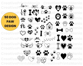 50 Pet Footprint Svg Bundle, Pet Paw Cricut Puppy Paw Svg, Dog Paw Svg, Cat Paw Print Silhouette Dog, Animal Paw Svg, Paw Clipart Vector Art