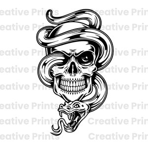 May include: Black and white illustration of a skull with a snake wrapped around it. The snake's head is open with fangs showing. The skull has a menacing expression.