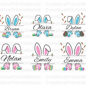 Puede incluir: Seis etiquetas de nombre con temática de conejito de Pascua con diferentes nombres. Cada etiqueta presenta un conejito con orejas rosas o azules y un nombre escrito debajo. Los pies del conejito se reemplazan con huellas de patas y hay zanahorias y hierba alrededor del conejito.