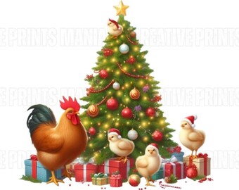 Árbol de pollo navideño PNG JPG, Granja navideña PNG, Pollo navideño de moda PNG, Amante de las mamás pollo PNG, Lazo de coqueta de pollo PNG Sublimación