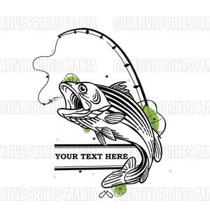 May include: Black and white line art illustration of a fish with a fishing rod and line above it. The fish is biting the hook. The text "YOUR TEXT HERE" is below the fish.